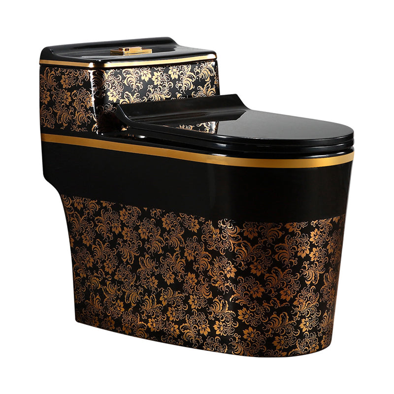 Modern Elongated Toilet Bowl Black and Golden Flush Toilet With Seat for Bathroom