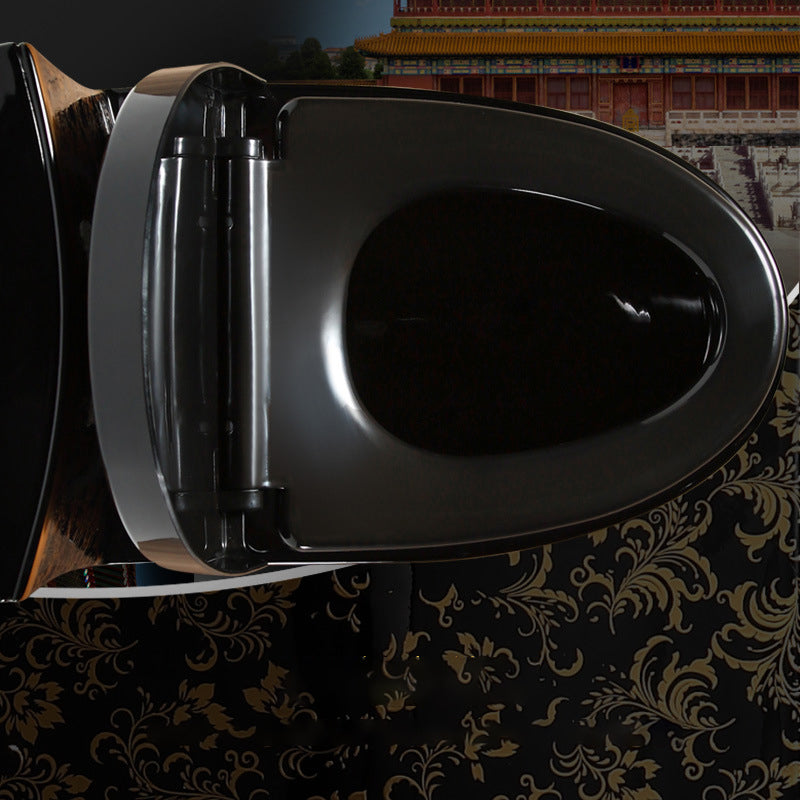 Modern Elongated Toilet Bowl Black and Golden Flush Toilet With Seat for Bathroom