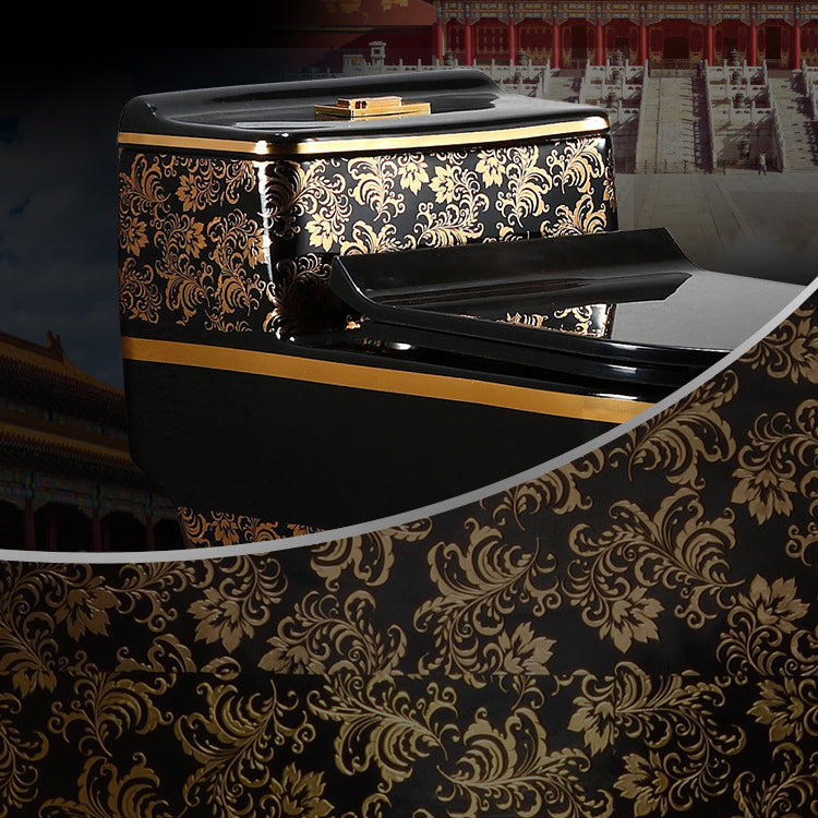 Modern Elongated Toilet Bowl Black and Golden Flush Toilet With Seat for Bathroom