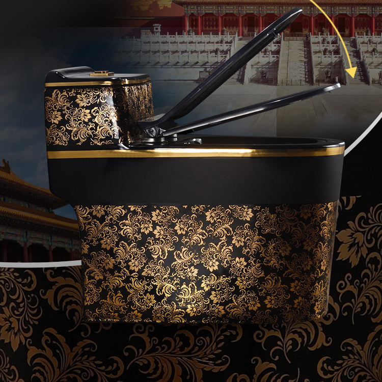 Modern Elongated Toilet Bowl Black and Golden Flush Toilet With Seat for Bathroom