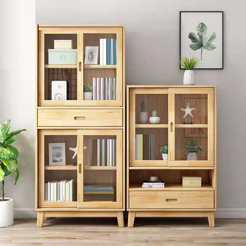 Contemporary Shelf Bookcase Pine Bookshelf with Doors for Living Room