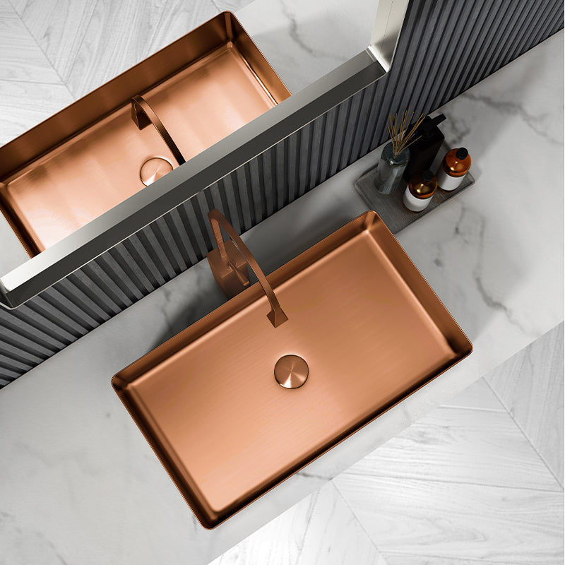 Modern Wash Stand Metal Rectangular with Drain Assembly and Faucet Vessel Bathroom Sink