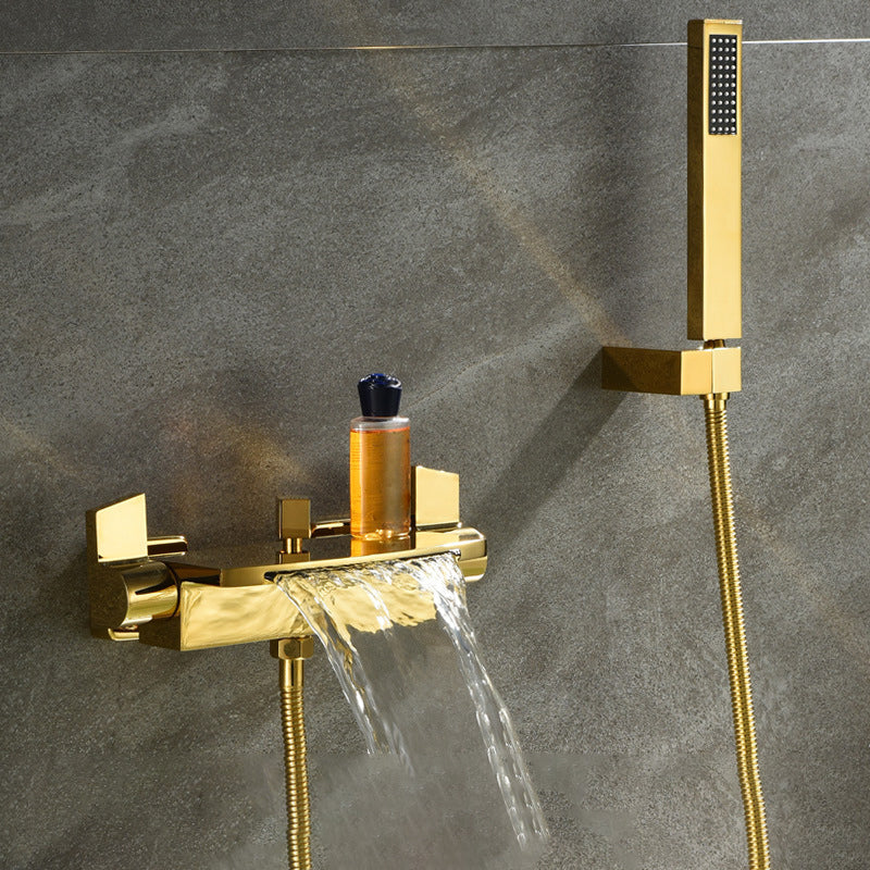 Modern Wall Mounted Metal Tub Filler Double Handles Waterfall Tub Faucet Trim