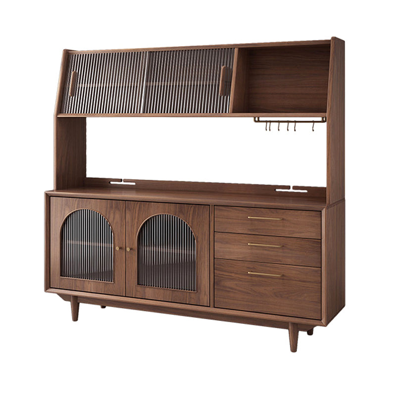 Contemporary Solid Wooden Hutch Buffet 66" H Glass Door Dining Hutch for Dining Room