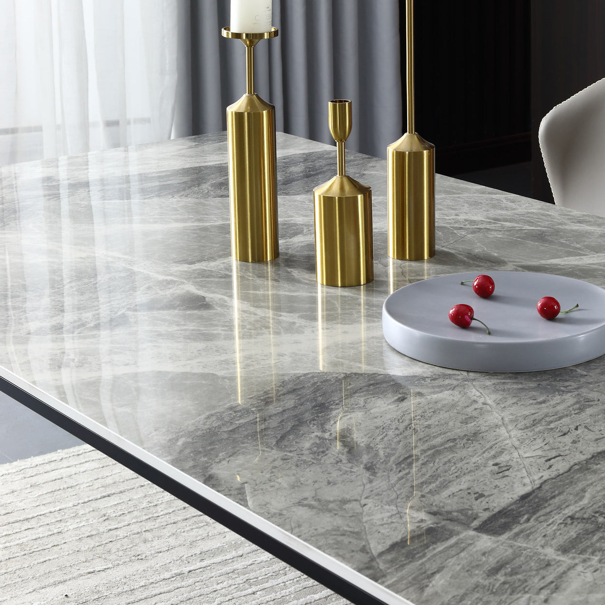 Glossy Gray Stone Dining Table Set 1/4/5/7 Pieces Modern Dinette Set for Kitchen