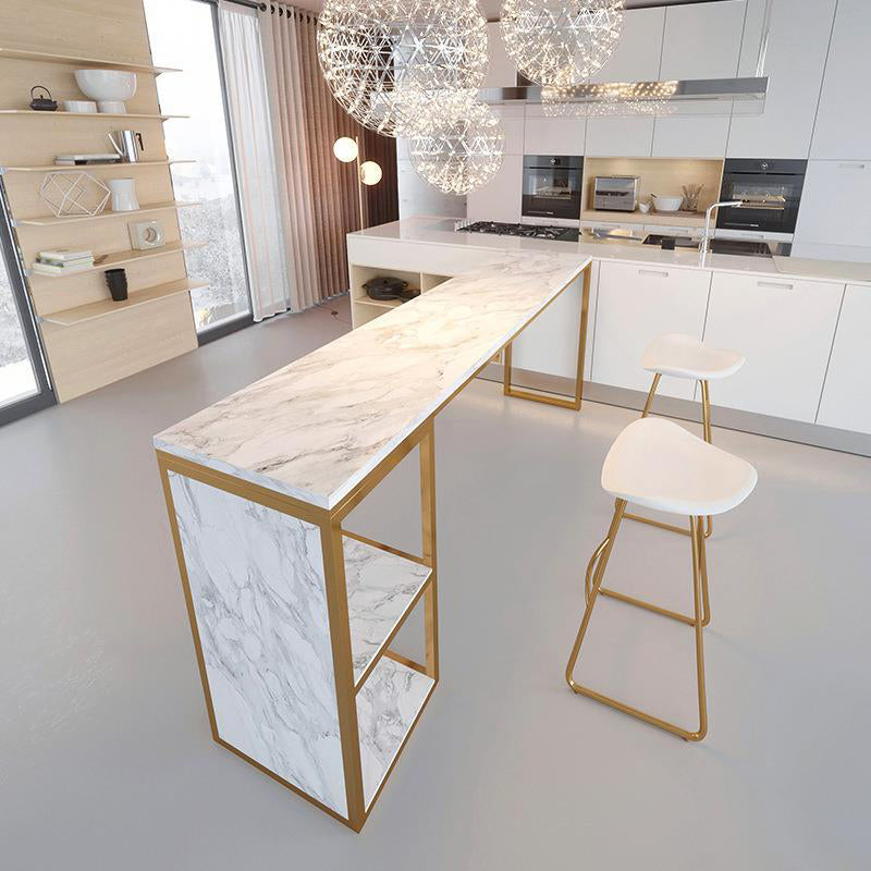 Glam 1/3 Pieces Bar Table Set Rectangle Stone Counter Table with Stools for Milk Tea Shop