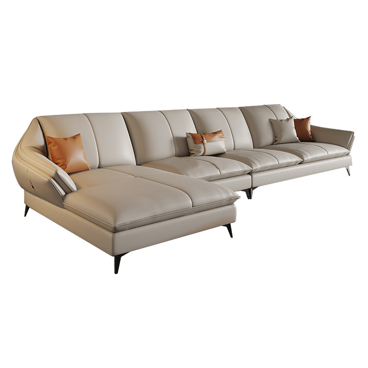 Contemporary Sectional Sofa Beige Leather Sectional with Pillows