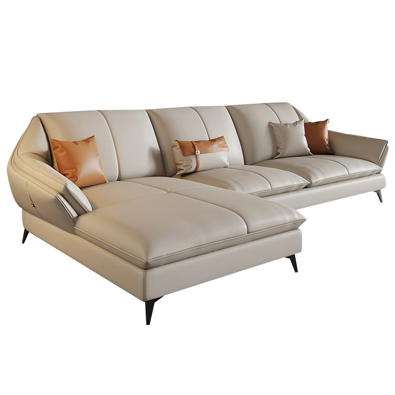 Contemporary Sectional Sofa Beige Leather Sectional with Pillows