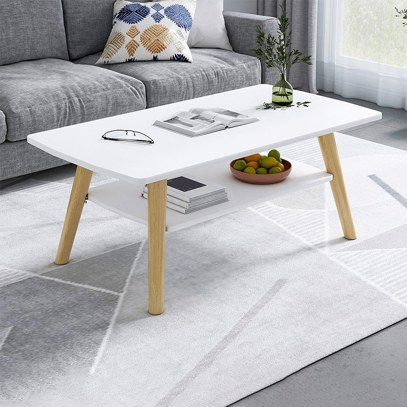 Contemporary Rectangle Wooden Coffee Table with Shelf and 4 Solid Wood Legs