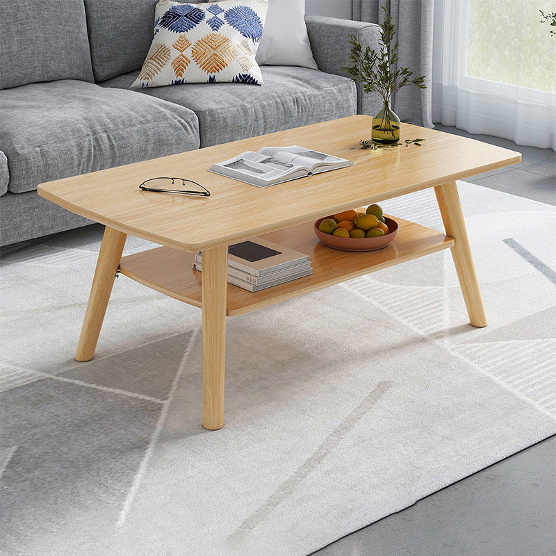 Contemporary Rectangle Wooden Coffee Table with Shelf and 4 Solid Wood Legs