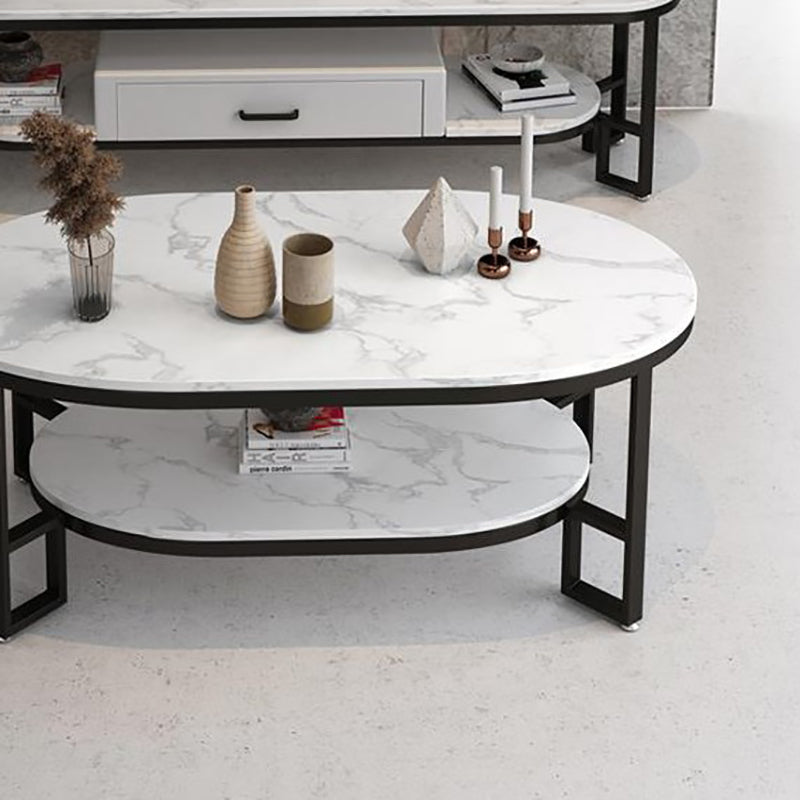 Rectangle Slate Coffee Table Abstract Coffee Cocktail Table with Shelf