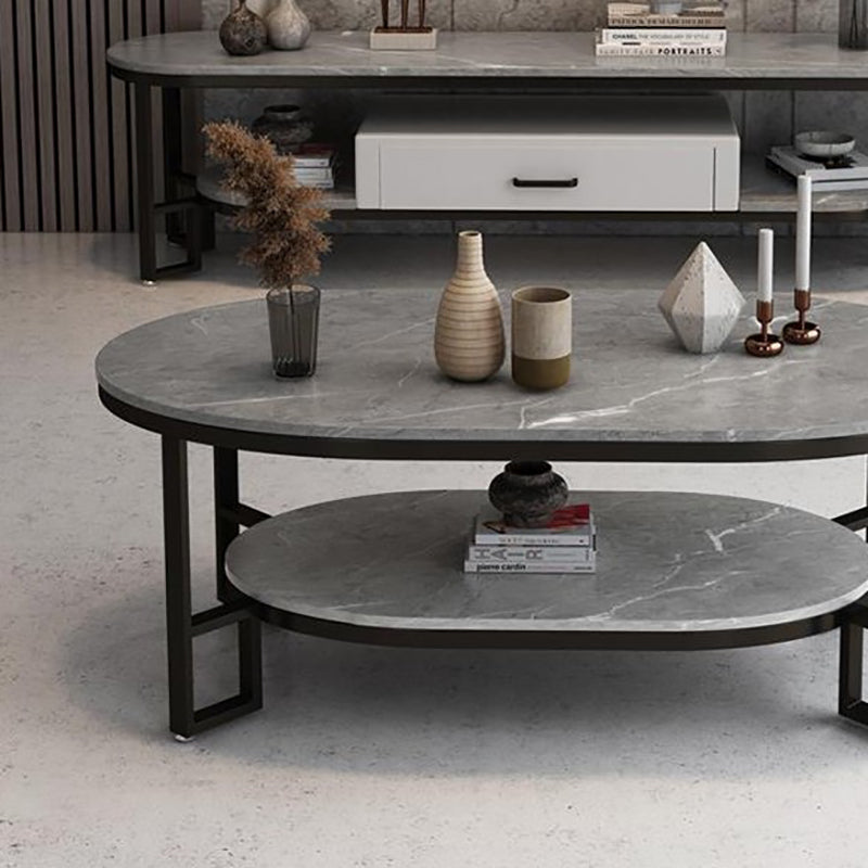 Rectangle Slate Coffee Table Abstract Coffee Cocktail Table with Shelf