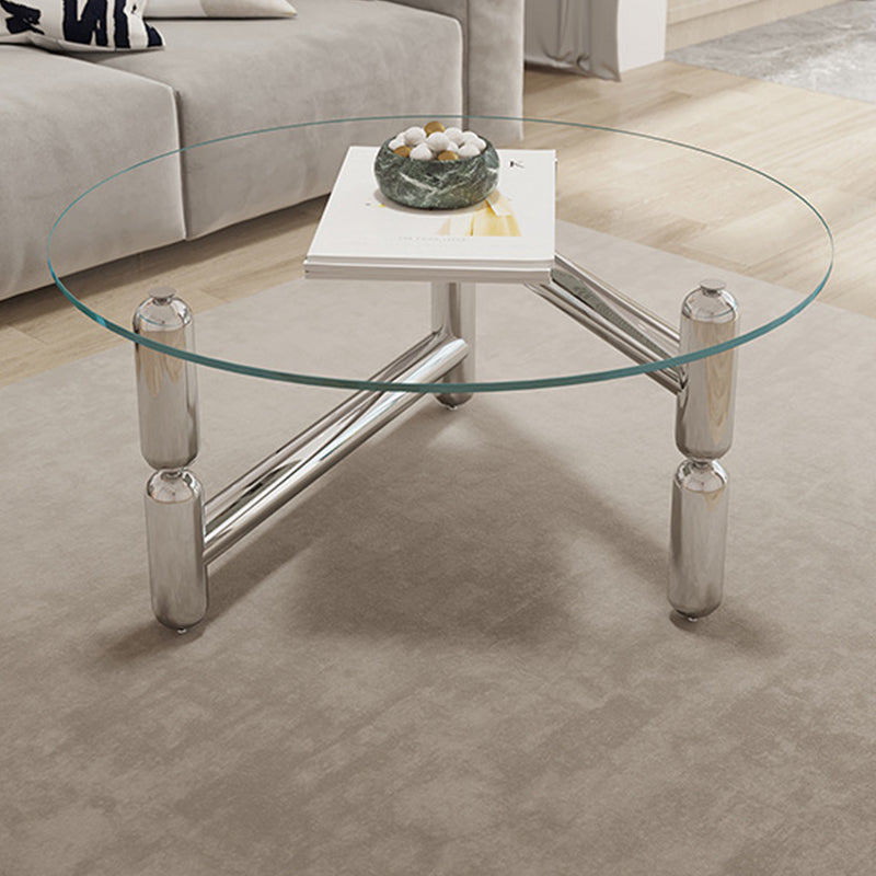 Modern Round Glass Coffee Table Stainless Steel 3 Legs Cocktail Table