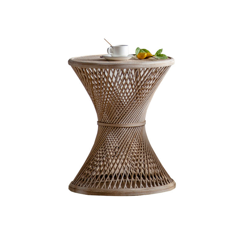 French Country Round Rattan Coffee Table Distressed Brown Cocktail Table