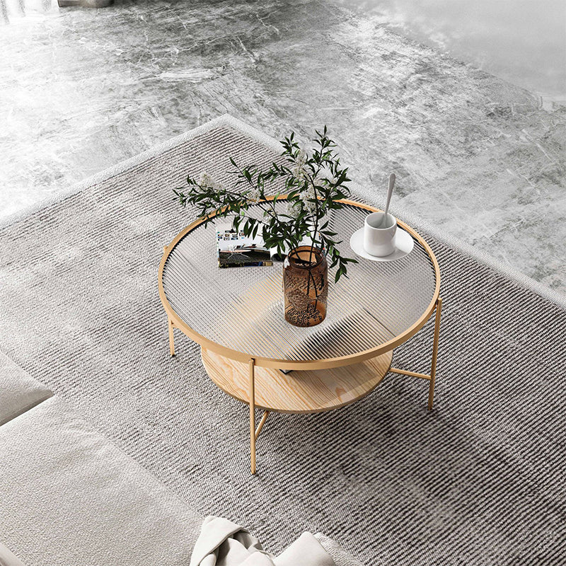 17.7" H Round Glass Top Coffee Table Steel 4 Legs Cocktail Table with Shelf