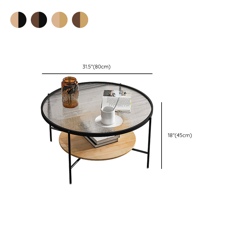 17.7" H Round Glass Top Coffee Table Steel 4 Legs Cocktail Table with Shelf