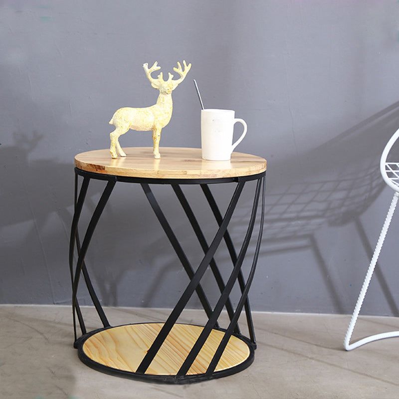 Drum End Table with Storage Solid Wood Round Top and Metal Base