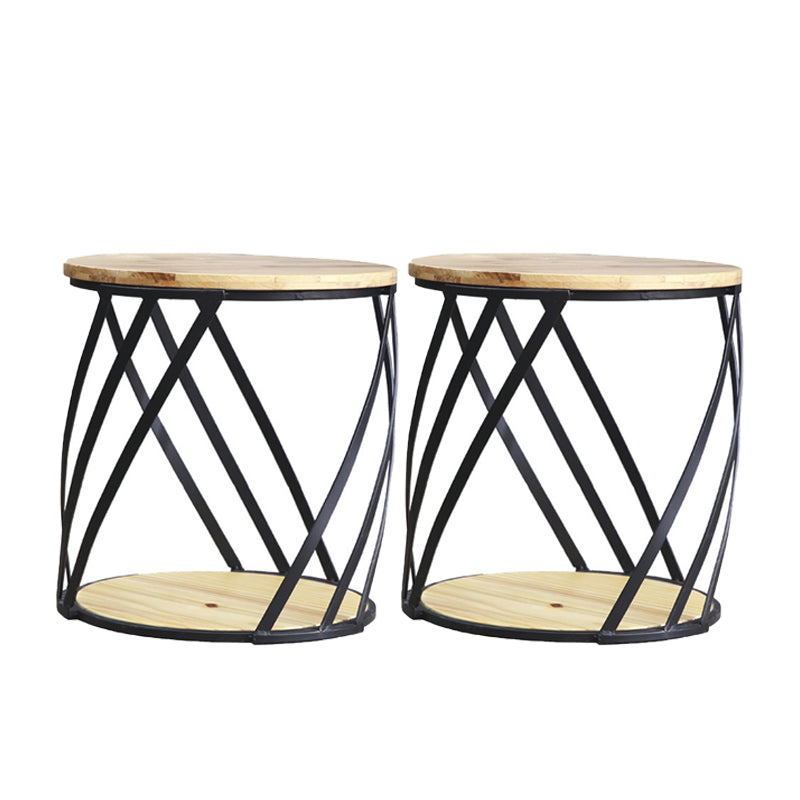 Drum End Table with Storage Solid Wood Round Top and Metal Base