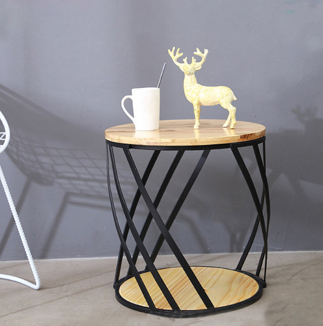 Drum End Table with Storage Solid Wood Round Top and Metal Base