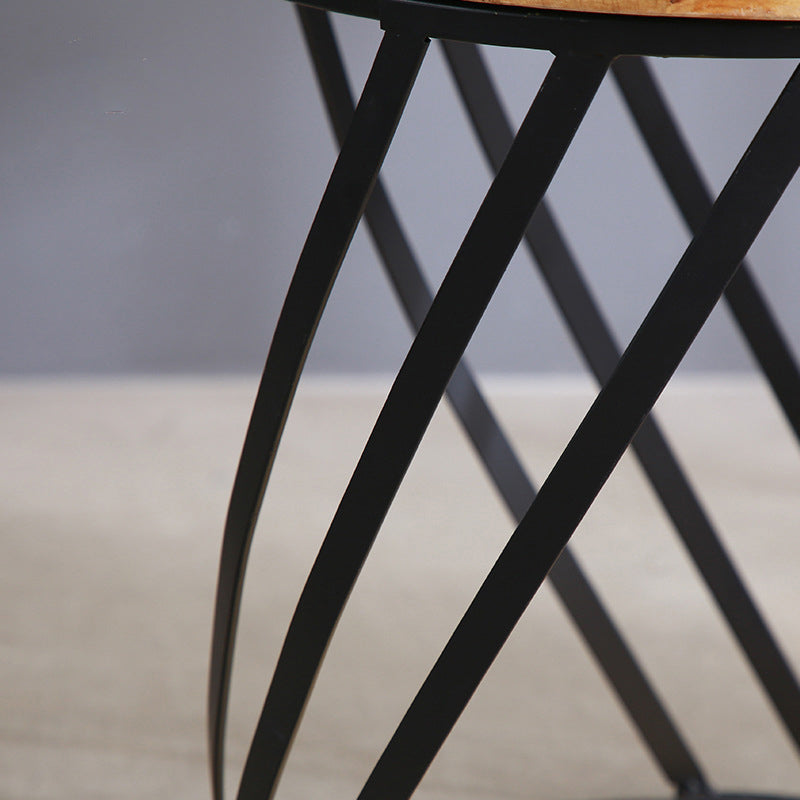 Drum End Table with Storage Solid Wood Round Top and Metal Base