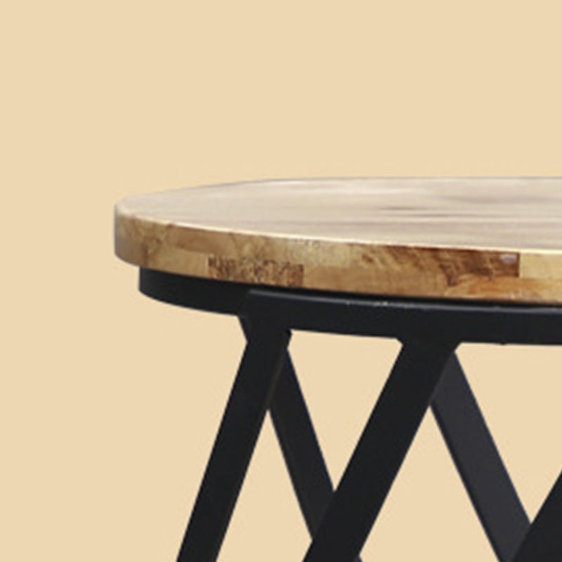 Drum End Table with Storage Solid Wood Round Top and Metal Base