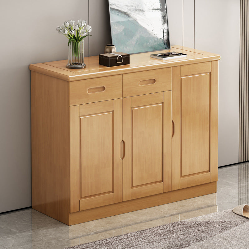 Mid-Century Modern Cabinet Rubberwood 2-Drawer with Shelves Grooves Accent Cabinet