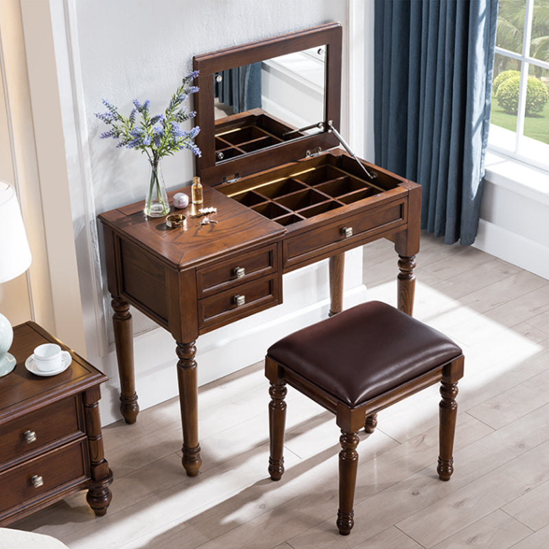 30.7" Height 2-Drawer Brown Solid Wood Dressing Table Mirror Makeup Vanity