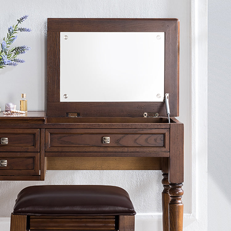30.7" Height 2-Drawer Brown Solid Wood Dressing Table Mirror Makeup Vanity