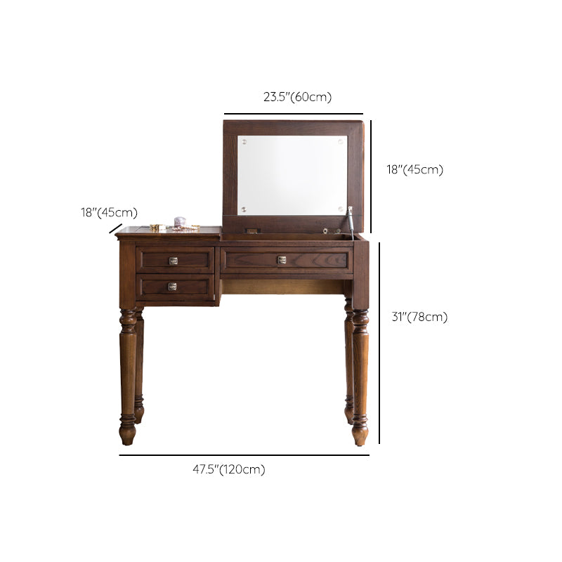 30.7" Height 2-Drawer Brown Solid Wood Dressing Table Mirror Makeup Vanity