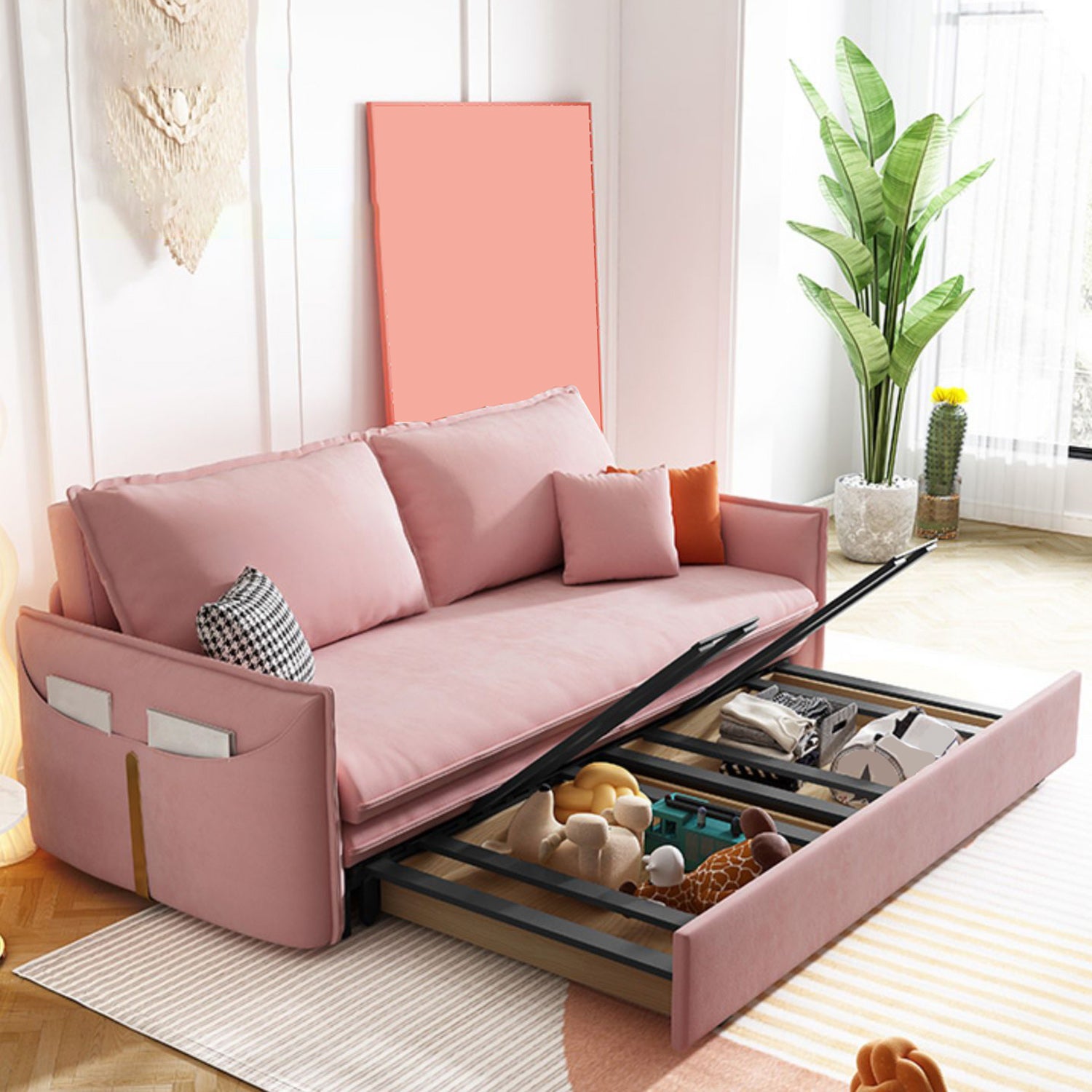 Pink Pillow Back Loveseat Foldable Sleeper Sofa with Storage