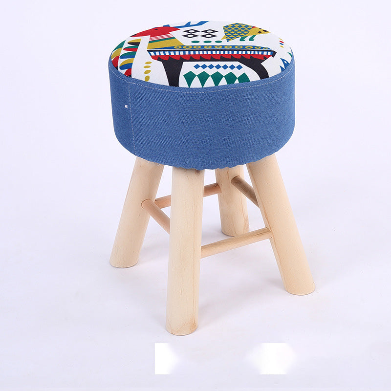 Wool Frame Pouf Stool Contrast Color Round Upholstered Fade Resistant Linen Blend Pouf