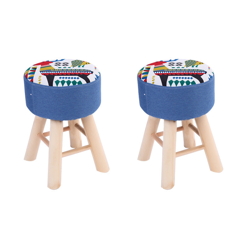 Wool Frame Pouf Stool Contrast Color Round Upholstered Fade Resistant Linen Blend Pouf