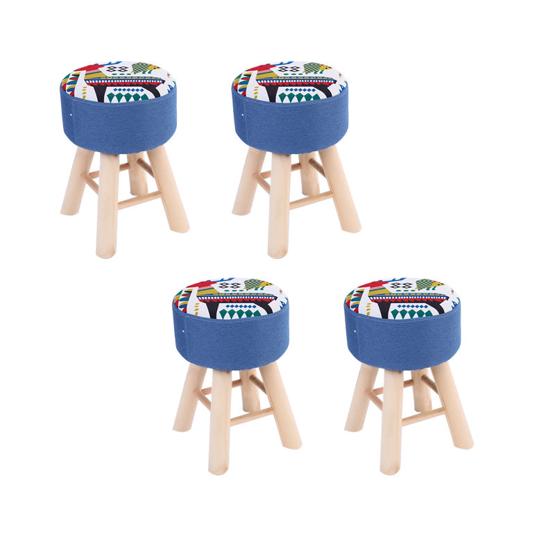 Wool Frame Pouf Stool Contrast Color Round Upholstered Fade Resistant Linen Blend Pouf