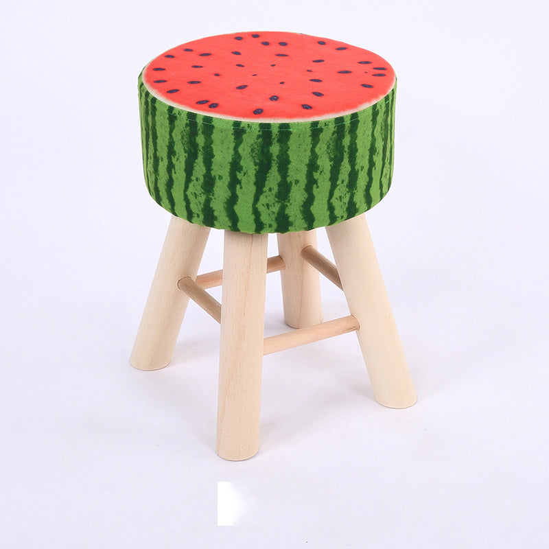 Wool Frame Pouf Stool Contrast Color Round Upholstered Fade Resistant Linen Blend Pouf