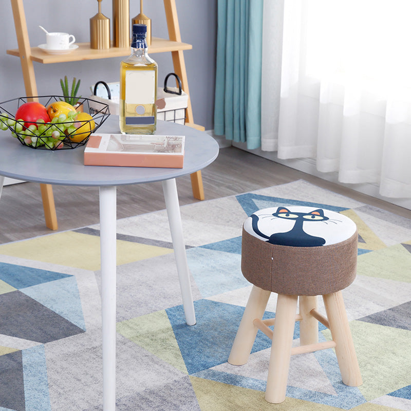 Wool Frame Pouf Stool Contrast Color Round Upholstered Fade Resistant Linen Blend Pouf