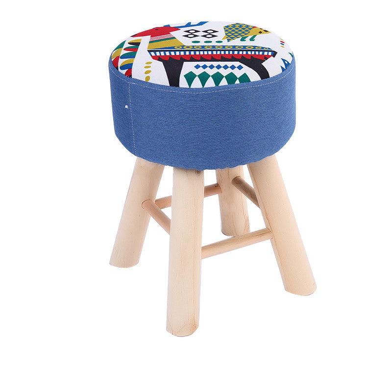 Wool Frame Pouf Stool Contrast Color Round Upholstered Fade Resistant Linen Blend Pouf