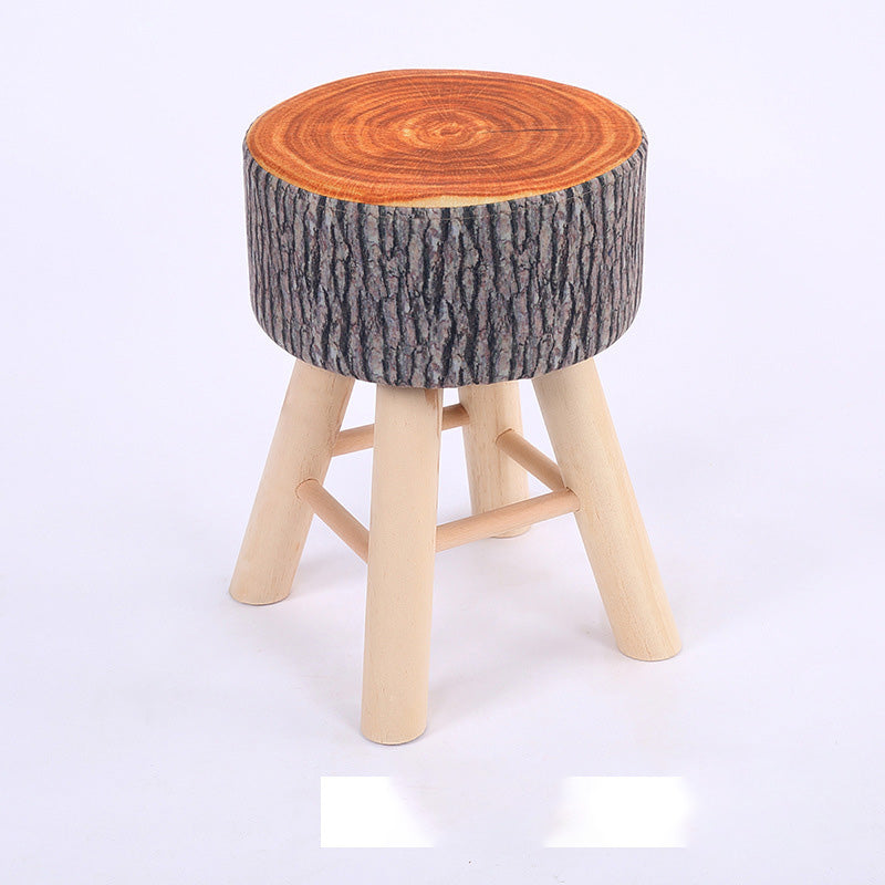 Wool Frame Pouf Stool Contrast Color Round Upholstered Fade Resistant Linen Blend Pouf