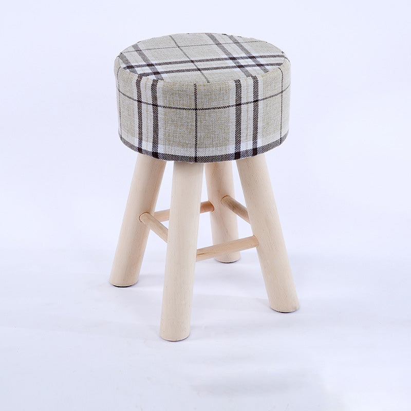 Wool Frame Pouf Stool Contrast Color Round Upholstered Fade Resistant Linen Blend Pouf