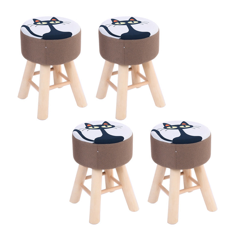 Wool Frame Pouf Stool Contrast Color Round Upholstered Fade Resistant Linen Blend Pouf