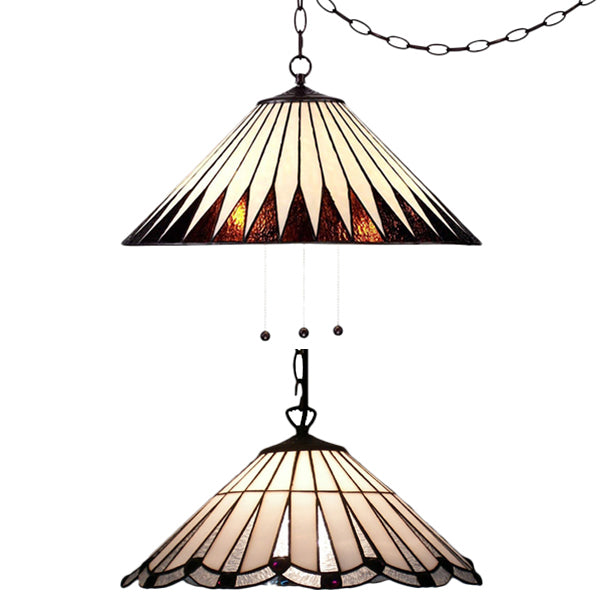Tiffany Cone Hanging Lamp White/Brown Stained Art Glass 1 Bulb Ceiling Pendant Light for Dining Room