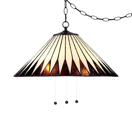 Tiffany Cone Hanging Lamp White/Brown Stained Art Glass 1 Bulb Ceiling Pendant Light for Dining Room