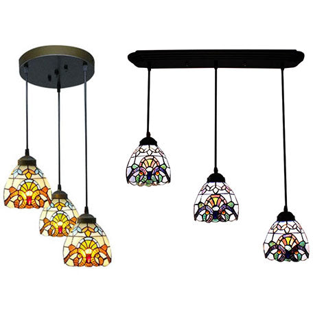 Victorian Domed Multi Light Pendants Stained Glass 3 Lights Hanging Pendant in White for Dining Room