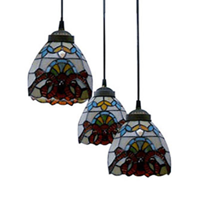 Victorian Domed Multi Light Pendants Stained Glass 3 Lights Hanging Pendant in White for Dining Room