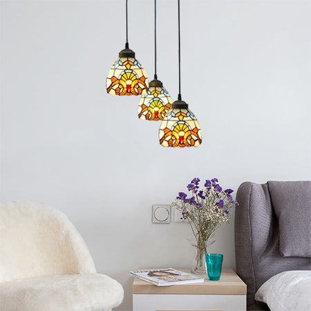 Victorian Domed Multi Light Pendants Stained Glass 3 Lights Hanging Pendant in White for Dining Room
