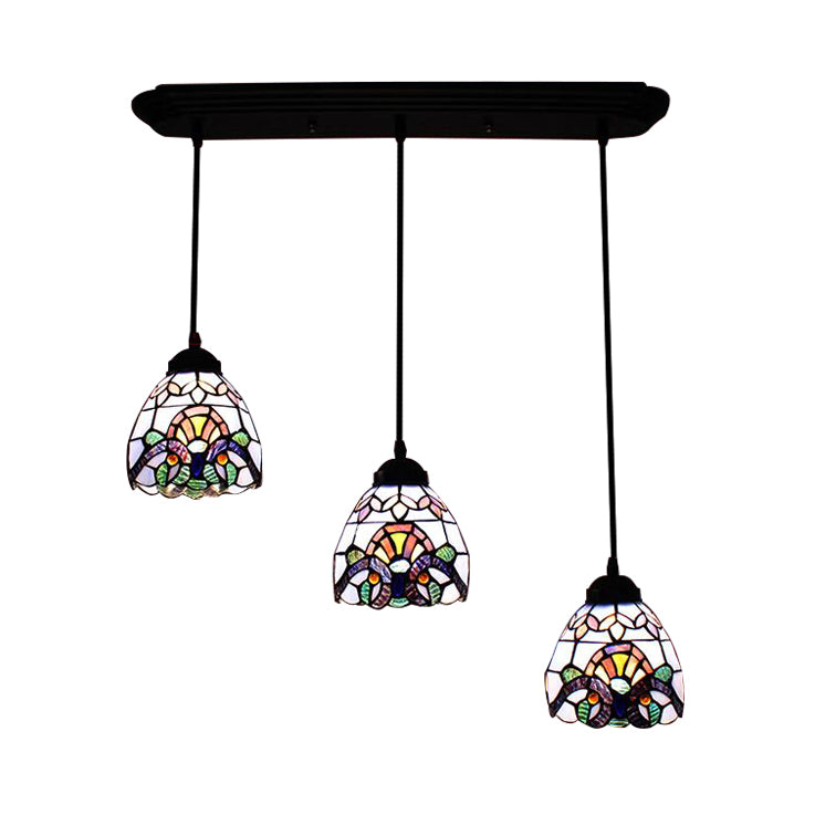 Victorian Domed Multi Light Pendants Stained Glass 3 Lights Hanging Pendant in White for Dining Room