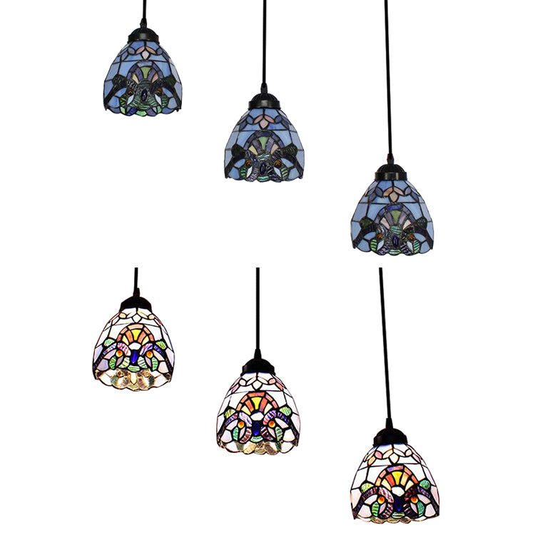 Victorian Domed Multi Light Pendants Stained Glass 3 Lights Hanging Pendant in White for Dining Room