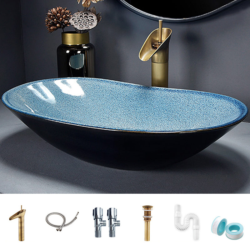 Traditional Vessel Bathroom Sink Oval Porcelain with Overflow and Drain Assembly Vessel