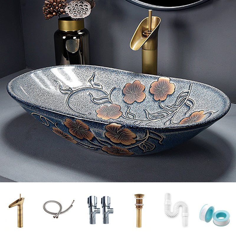 Traditional Vessel Bathroom Sink Oval Porcelain with Overflow and Drain Assembly Vessel