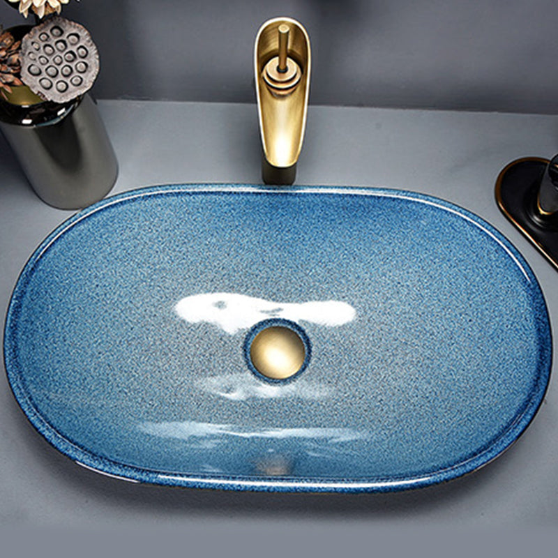 Traditional Vessel Bathroom Sink Oval Porcelain with Overflow and Drain Assembly Vessel