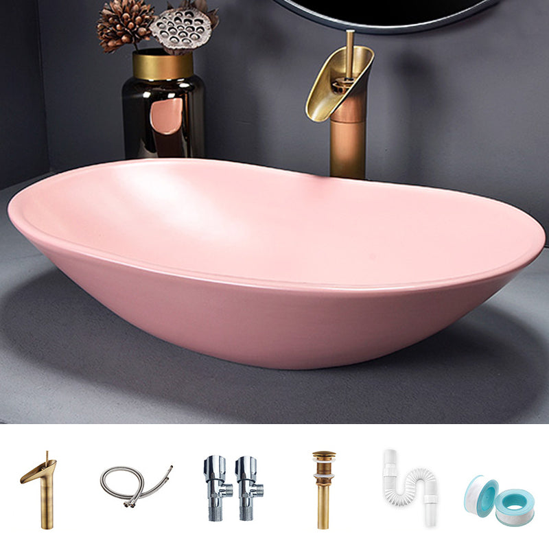 Traditional Vessel Bathroom Sink Oval Porcelain with Overflow and Drain Assembly Vessel